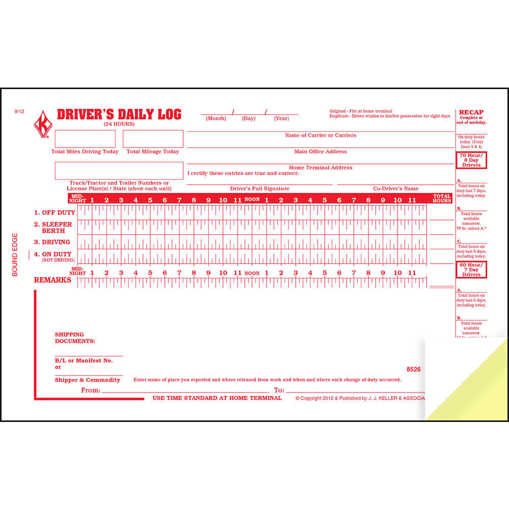 Driver Daily Log Book 50-pk. with 7- & 8-Day Recap - Book Format, 2-Ply Carbonless, 8.5" x 5.5", 31 Sets of Forms Per Book