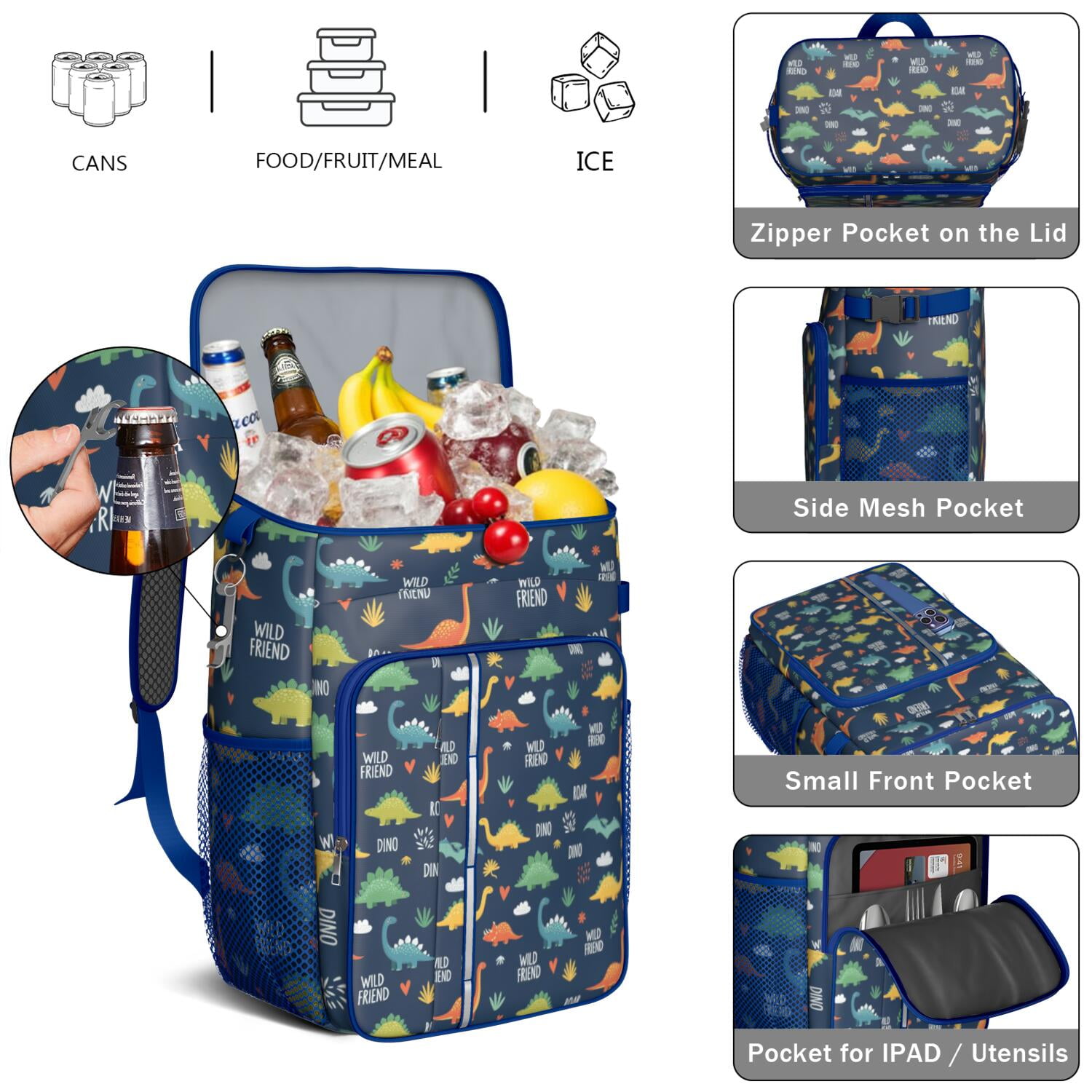 Travel Cooler Bag - Dinosaur Pattern with Text Elements Camping Beer Cooler Backpack with Bottle Opener- Waterproof Insulated Picnic Backpacks - Cooler Bag for Beach