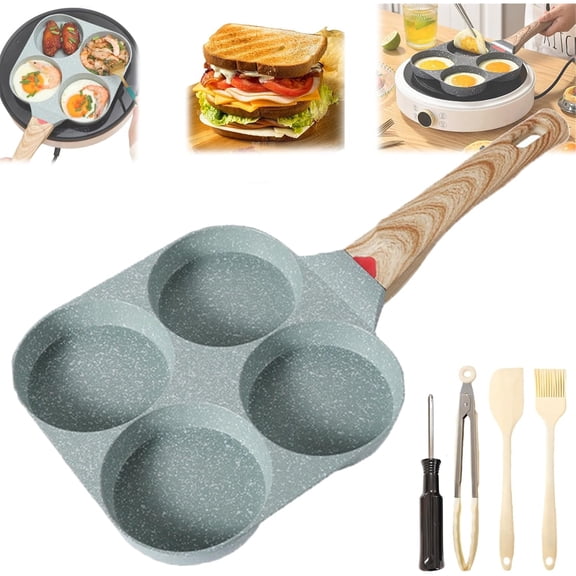 Non-stick Egg Frying Pan, 4 Holes Skillet with Handle, Multifunctional Wooden Handle Medical Stone Omelet Cookware, for Eggs, Sandwich, Pancakes, Compatible with Gas Stove & Induction Cooktop (Black)