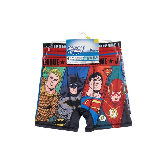 Justice League Boys Underwear, 4 Pack Athletic Boxer Briefs Sizes 4-10