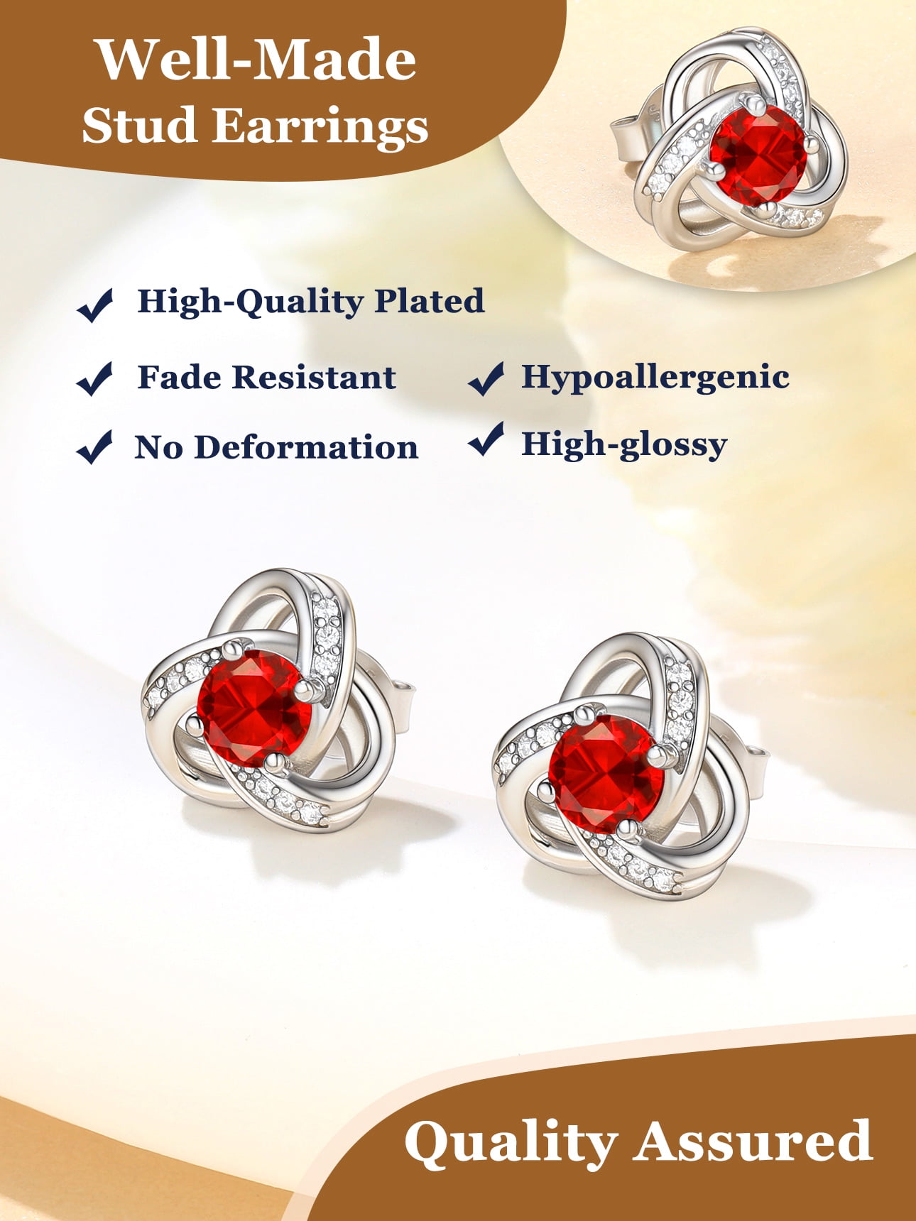 Suplight 925 Sterling Silver Love Shape Knot Birthstone Stud Earrings for Women Gifts Sparkle Round Cut
