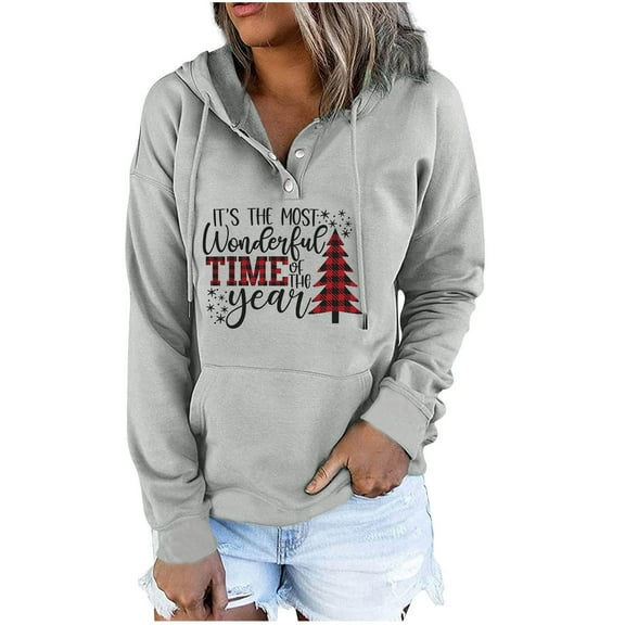 Dianli Hoodies for Women Loose Casual T Shirts Fall Warm Coats Dressy Baggy Sweatshirt Soft Comfy Jumper Long Sleeve Christmas Tree Letter Print Shirts Blouses Drawstring Hood with Pockets