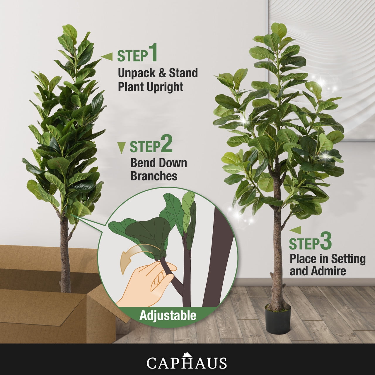 CAPHAUS Artificial Fiddle Leaf Fig Tree, 6 / 7 Feet in Pot with Dried Moss, for Indoor House Home Office Store, Potted Ficus Lyrata Faux Tree, Fake Plant Modern Decoration Gift for Housewarming