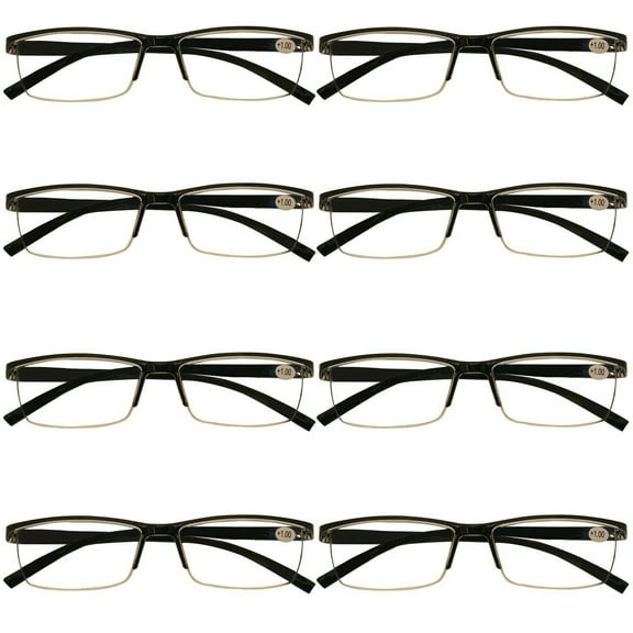 8 Packs Mens Rectangle Half Frame Reading Glasses Blue Light Blocking Black Spring Hinge Readers  1.00