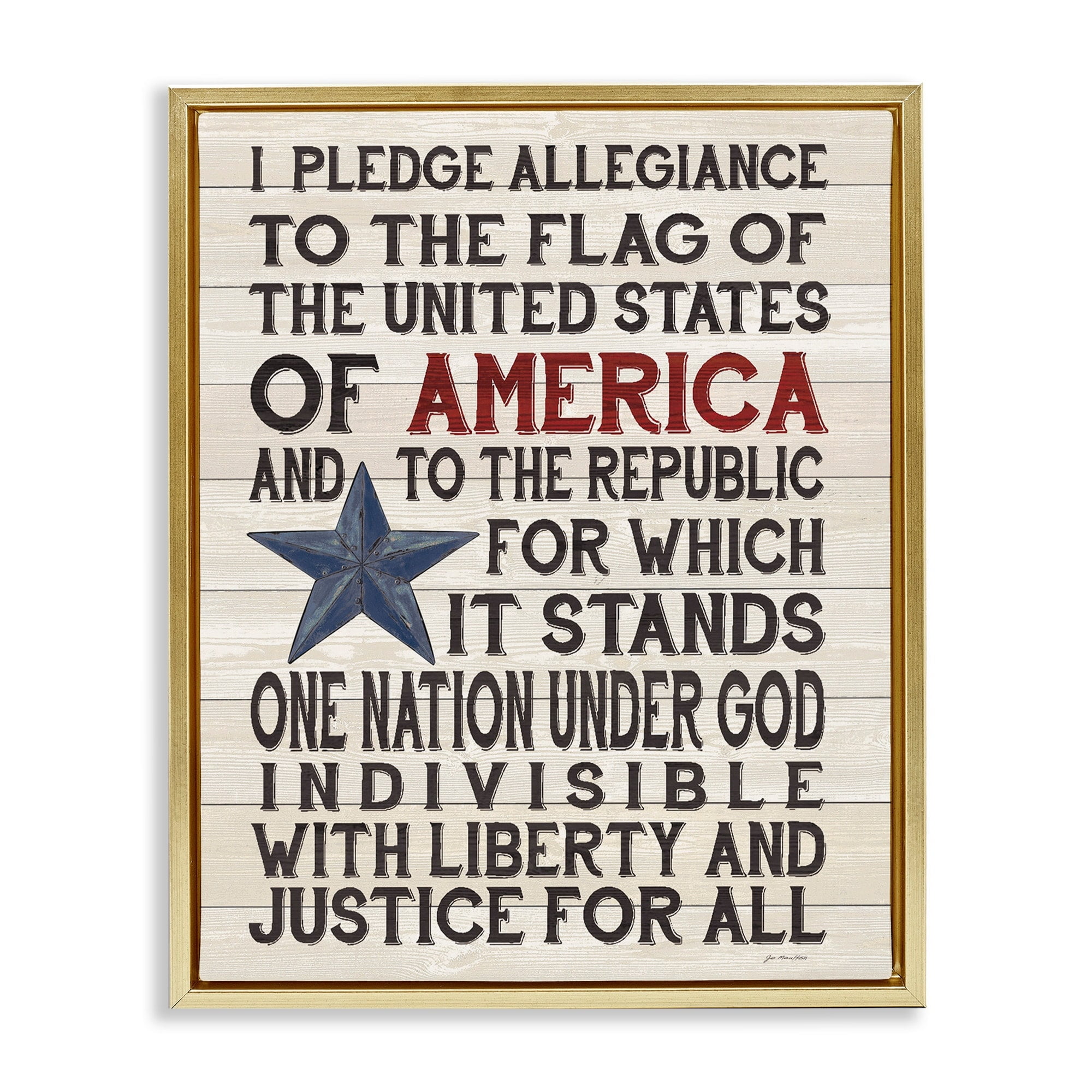 Stupell Industries Pledge of Allegiance Stars and Stripes Americana Rustic Wood Look Sign Metallic Gold Framed Floating Canvas Wall Art, 24x30, by Jo Moulton