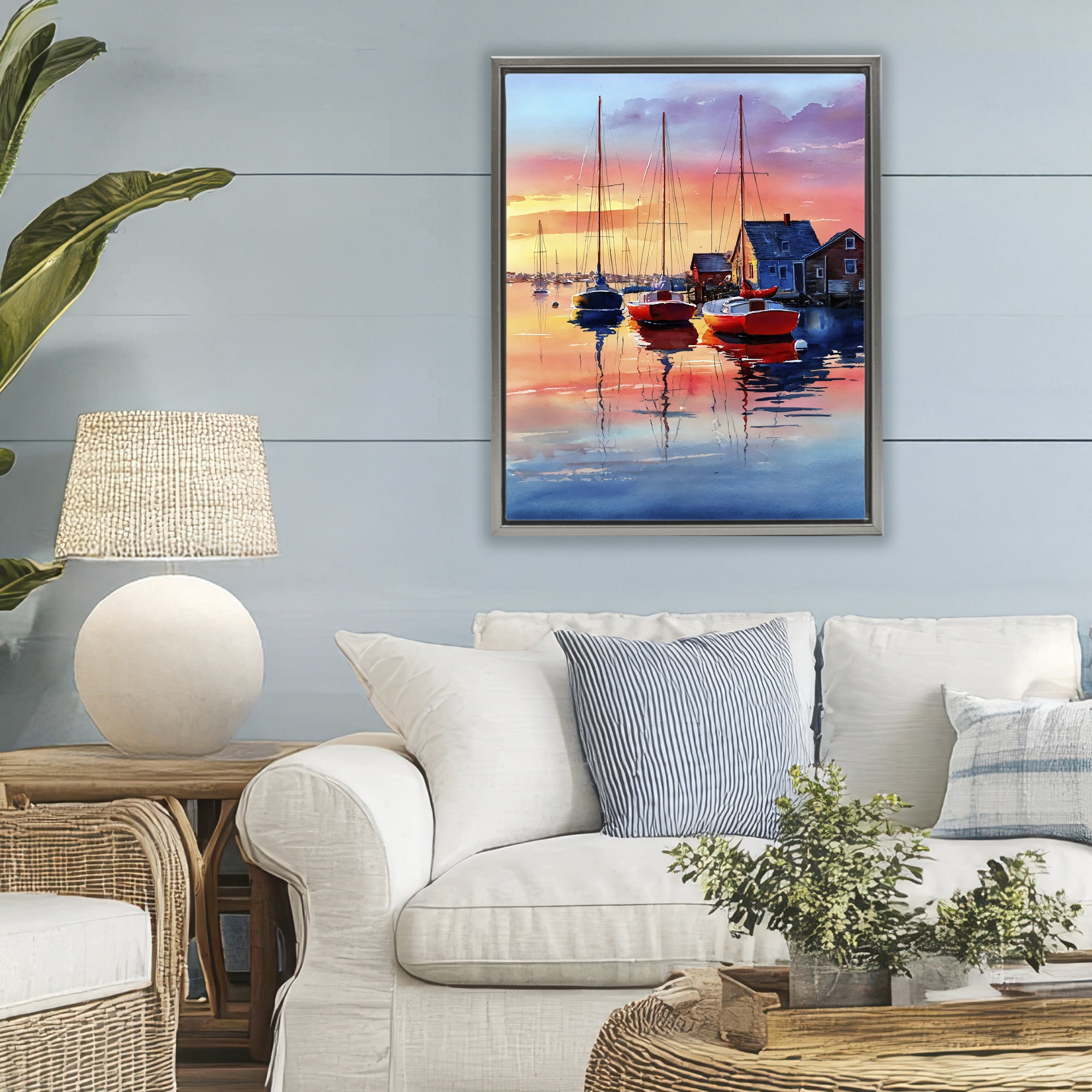 Stupell Industries Vivid Sunset at Docks Gray Framed Floater Canvas Wall Art, design by Franklyn Gregory