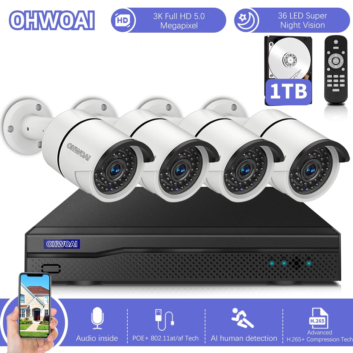 4K 8 Channel Poe NVR Security Camera System,5MP Poe Camera x 4,Home Video Surveillance System Poe with 1TB HDD,Wired Outdoor Poe Security Camera with Audio. OHWOAI POE Camera System 