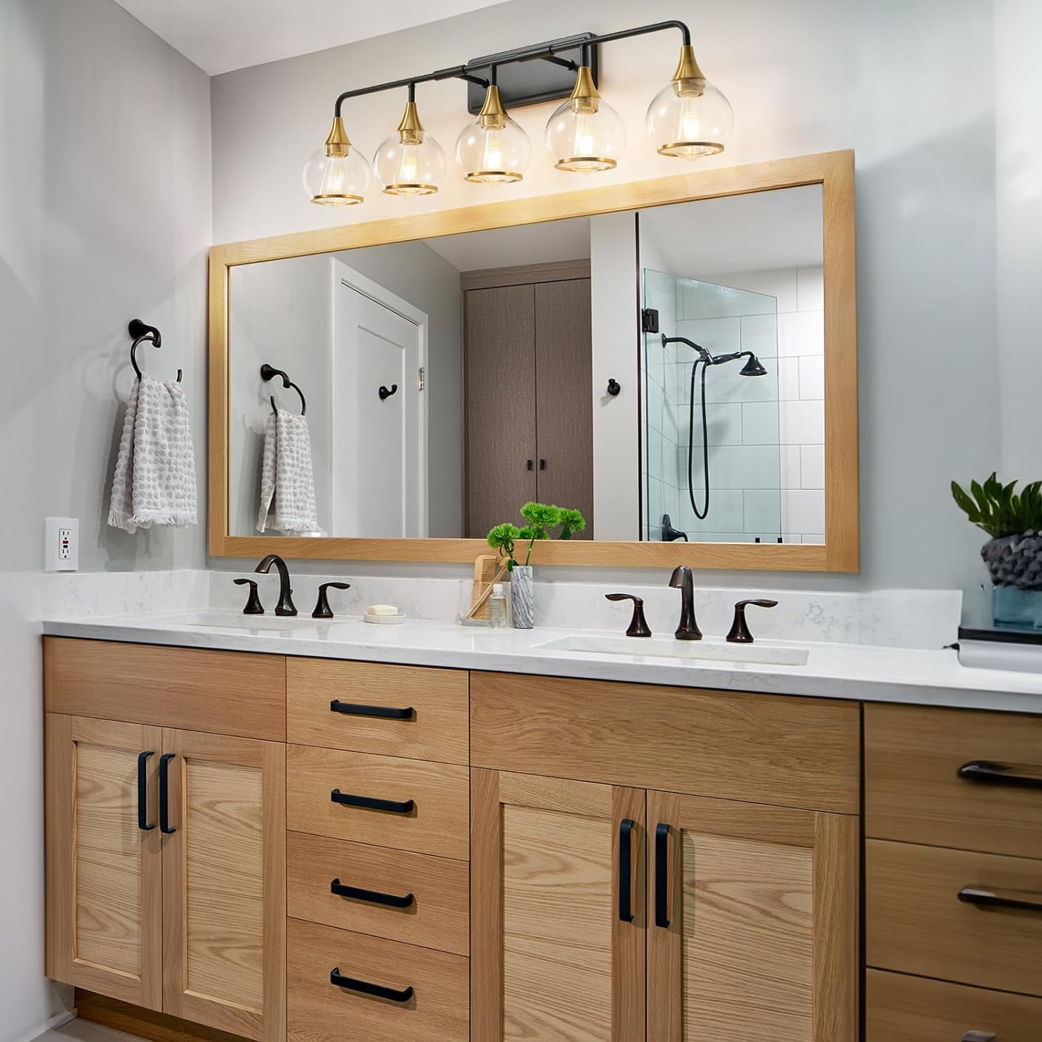5-Lights Bathroom Light Fixtures Black and Gold Bathroom Vanity Light Over Mirror with Clear Glass Shade Wall Sconce Lighting