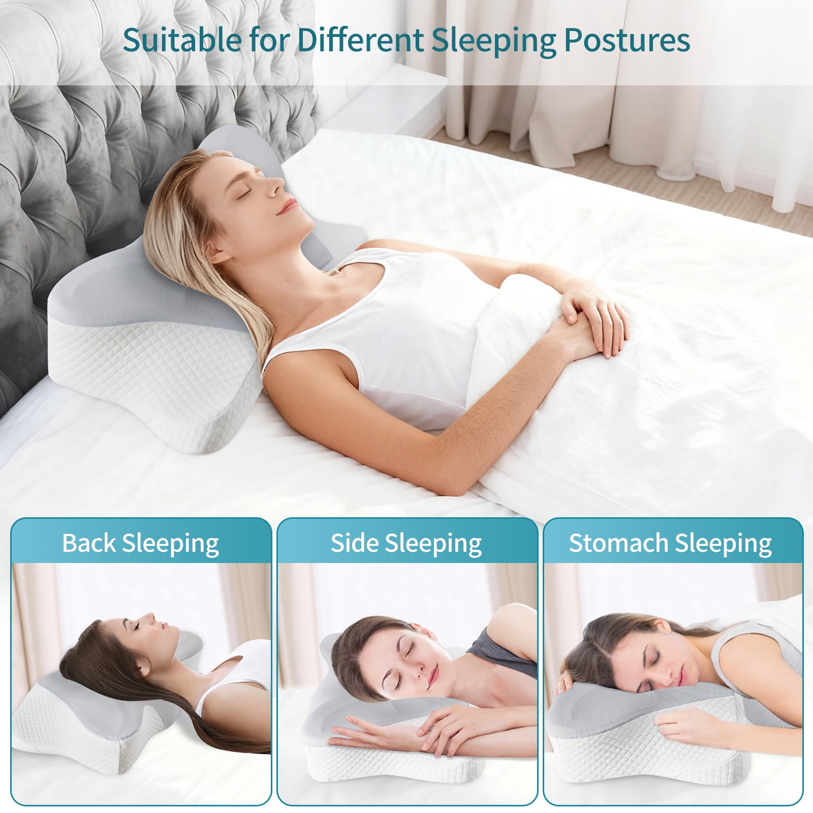 LIFERECORD Cervical Neck Pillow for Pain Relief, Ergonomic Memory Foam Pillow with Cooling Cover, Dual Height Orthopedic Contour Pillow for Side, Back, Stomach Sleepers