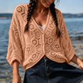 thumbnail image 2 of enyan Women's Short Sleeve Summer Cardigan V-Neck Button up Lightweight Hollow Out Sweater Cardigans Shrug（Khaki,One Size）, 2 of 4