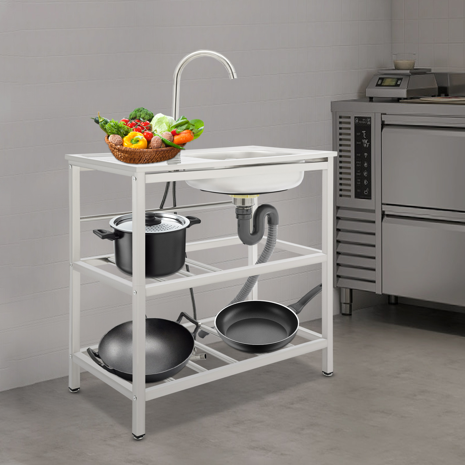 Peakora 3 in 1 Kitchen Utility Sink Stainless Steel Kitchen Sink with Faucet Freestanding Outdoor Kitchen Commercial Sink with Double-Layer Storage Rack