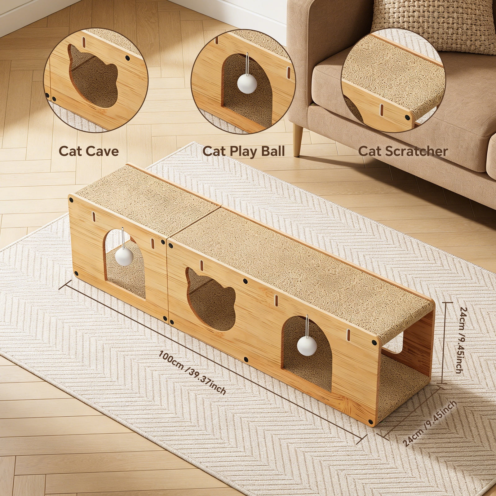 Cat Scratcher Tunnel, Scratching Pad Furniture Protection Comfortable Scratch Resistant Interactive Toy, 100*24*24cm