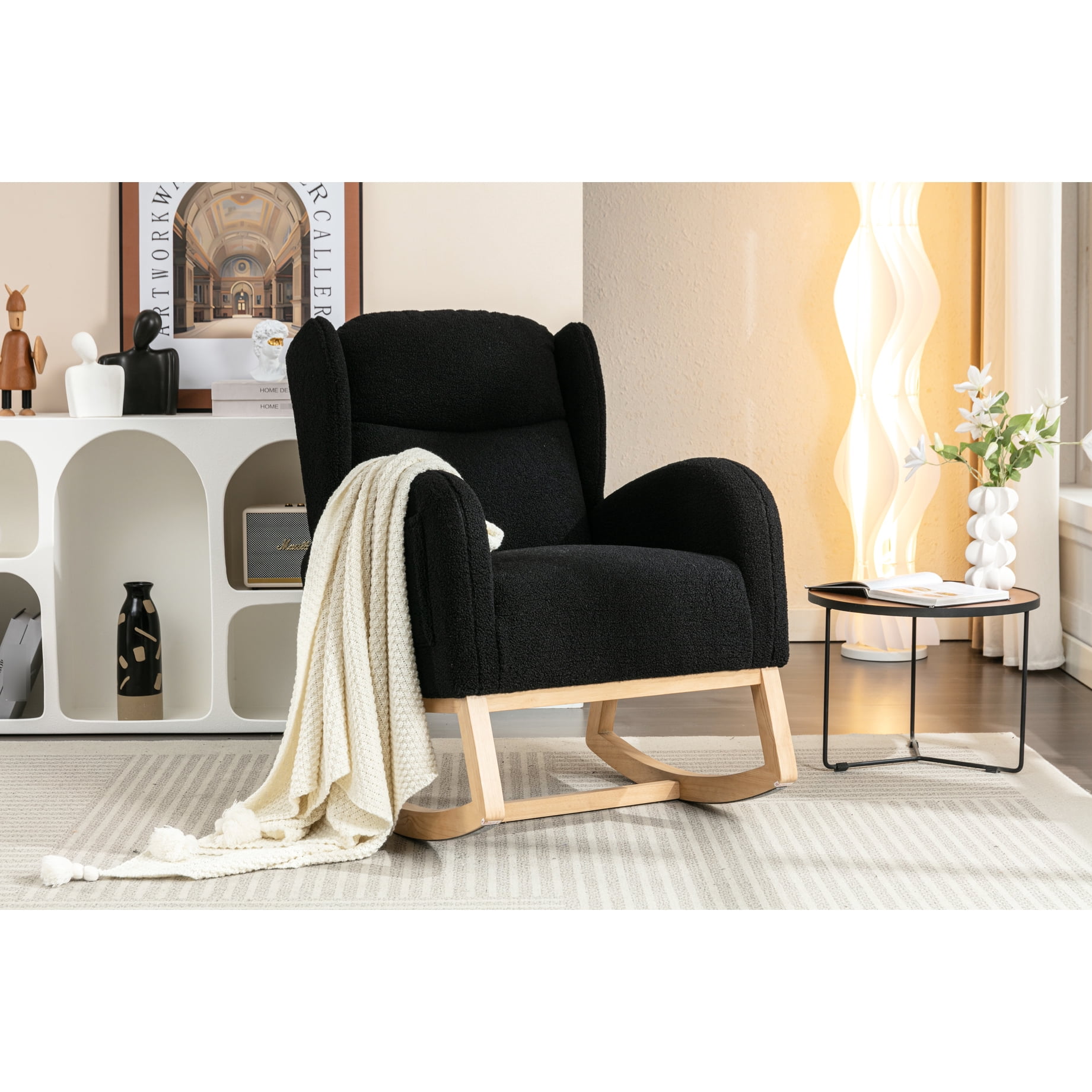 Simple Assembly Rocking Chair In Black Fabric For Living Area With And Wooden Frame