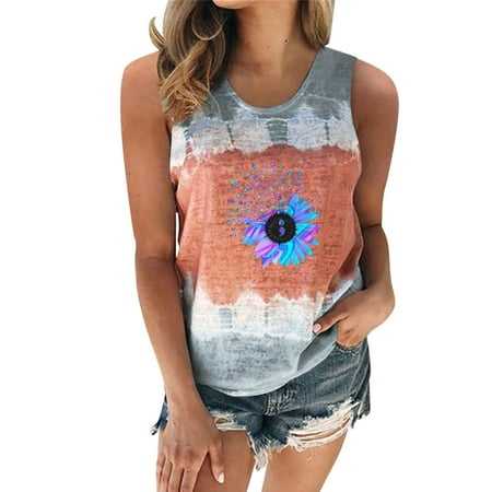 

Dtydtpe Womens Casual Fashion Sunflower Printing Round Neck Tie Dye Tank Sleeveless Vest T Shirt Blouse Tops Business Tops Women Loose Women Pajama Top Women A Tops for Women Top plus Size Beach T