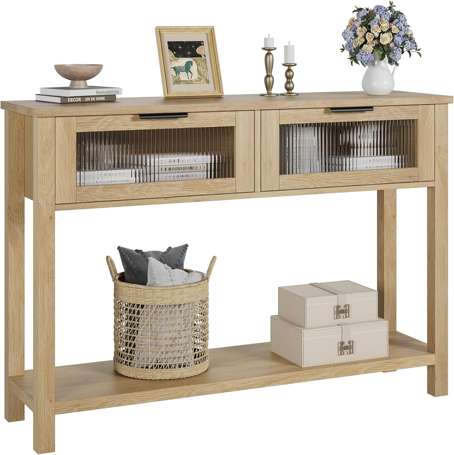 PYY Modern Rustic Console Table with Glass Drawers – 2-Tier Narrow Wooden Sofa Side Table, Open Storage Shelf for Entryway, Living Room, Hallway and Home Office – Natural Wood Color