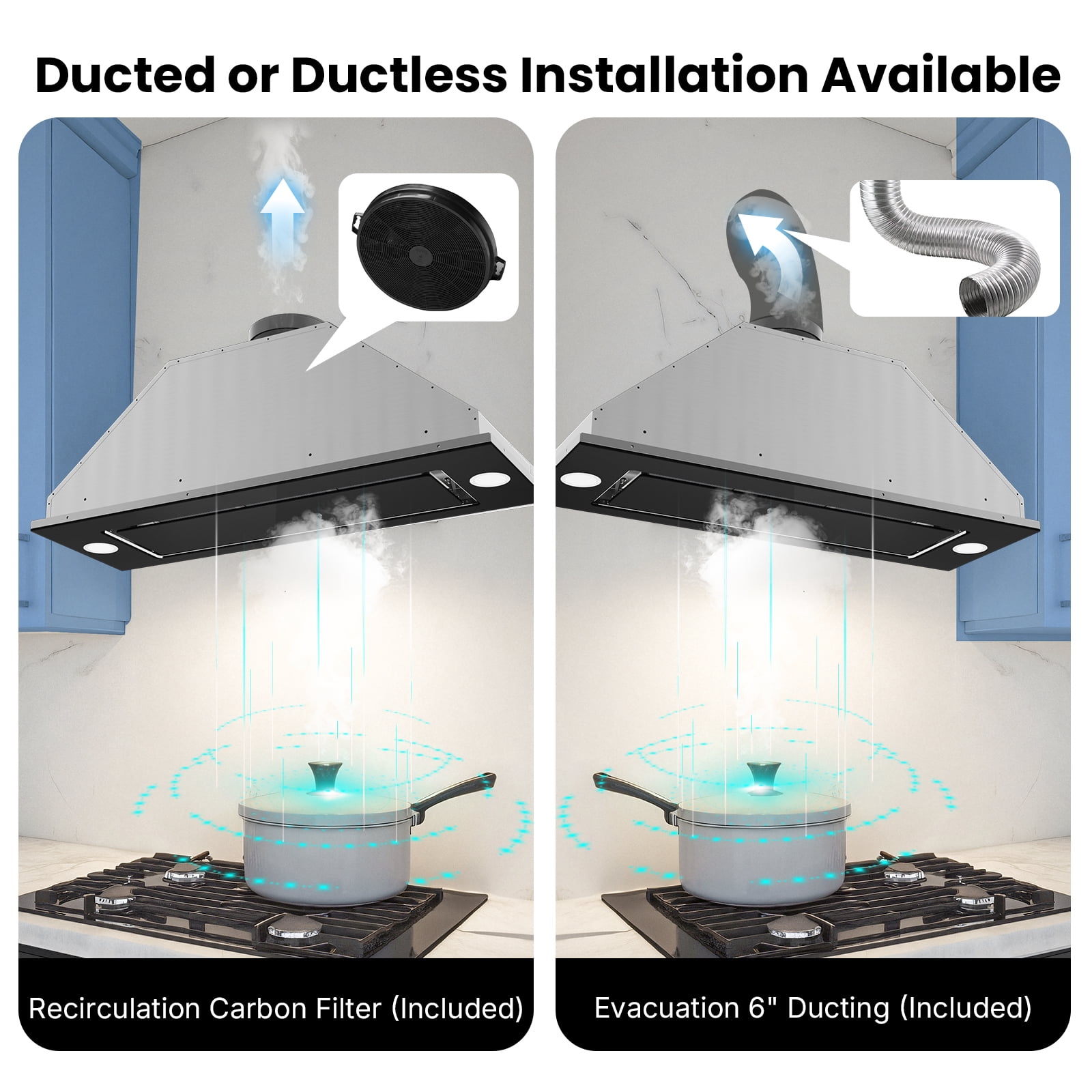 VIKIO 36 inch Insert Range Hood 900CFM, Convertible Ducted to Ductless Exhaust Fan, Carbon Filter, Touch Panel, Stainless Steel, Black