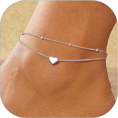 Silver Anklet with Heart Charm - Double Layer Minimalist Beach Foot Jewelry for Women (1 Piece)，heels，anklets，ankle bracelet，ankle bracelet for women，jewelry，hair accessory，christmas gifts