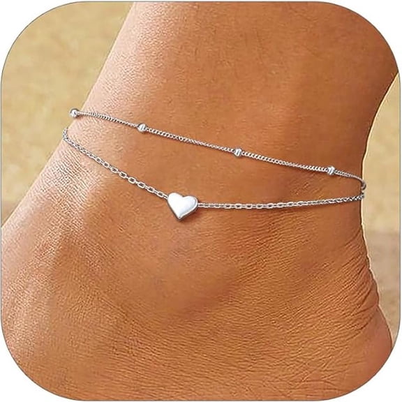 Silver Anklet with Heart Charm - Double Layer Minimalist Beach Foot Jewelry for Women (1 Piece),heels,anklets,ankle bracelet,ankle bracelet for women,jewelry,hair accessory,christmas gifts