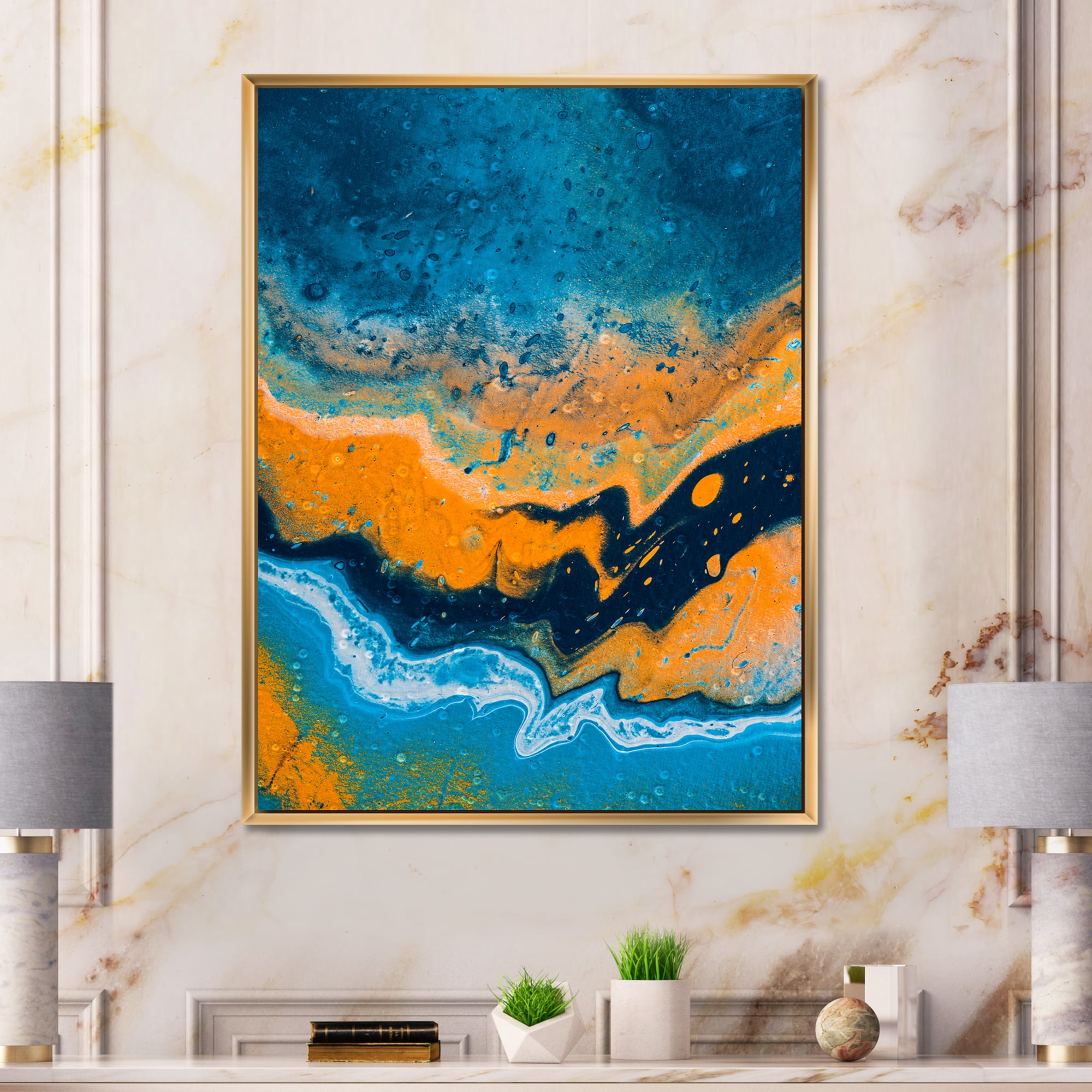 Abstract Marble Composition In Orange and Blue IV 24 in x 32 in Framed Painting Canvas Art Print, by Designart