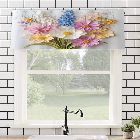 Remain Unique Floral Bouquet Rod Pocket Polyester Curtain Valance for Home Kitchen Bedroom Living Room Window Decor 54x18 inch