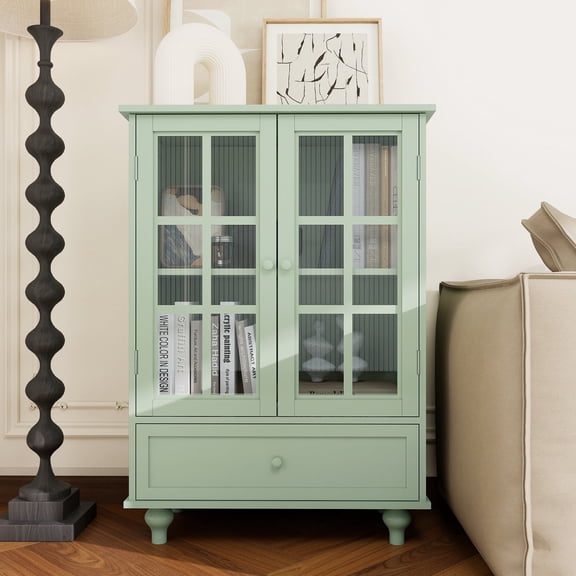 MDQMD 38'' Tall Storage Cabinet with Glass Doors for Living Room,Modern Green Small Floor Cabinet with Drawer for Storage