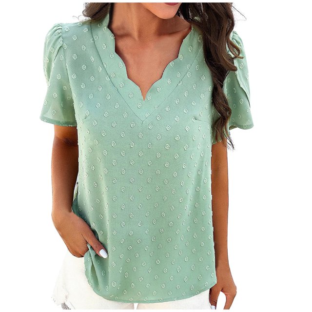 Bowake Summer Tops for Women Casual V Neck Swiss Dots Ruffle Short Sleeve Solid Color Going out Tee Shirts