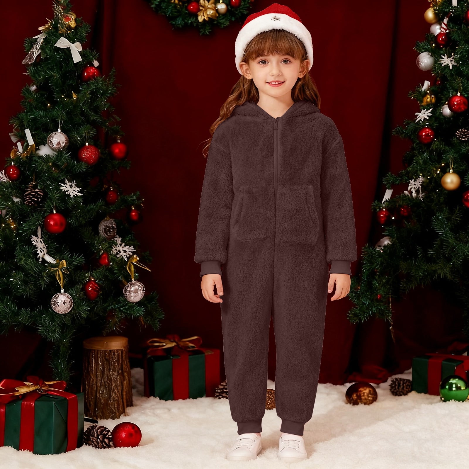 Tiweut Kids Onesie Pajamas Jumpsuit Boys Girls Warm Sherpa Lined Romper Zipper Hooded Cute Playsuit Sleepwear,Brick Red,5Y