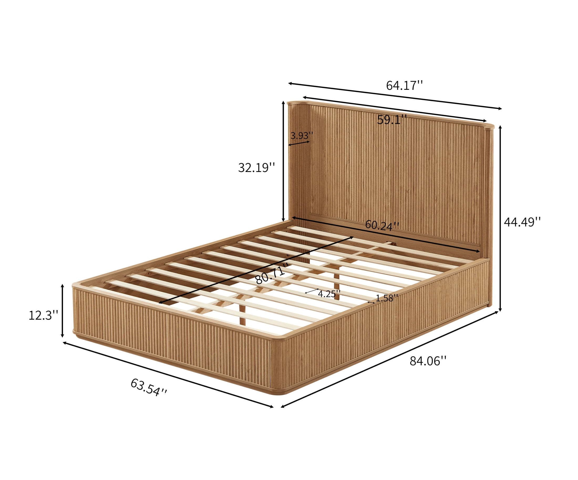 Noble House Queen Platform Bed Frame with 44.49"H Curved Headboard, Wood Slat Support, Oak