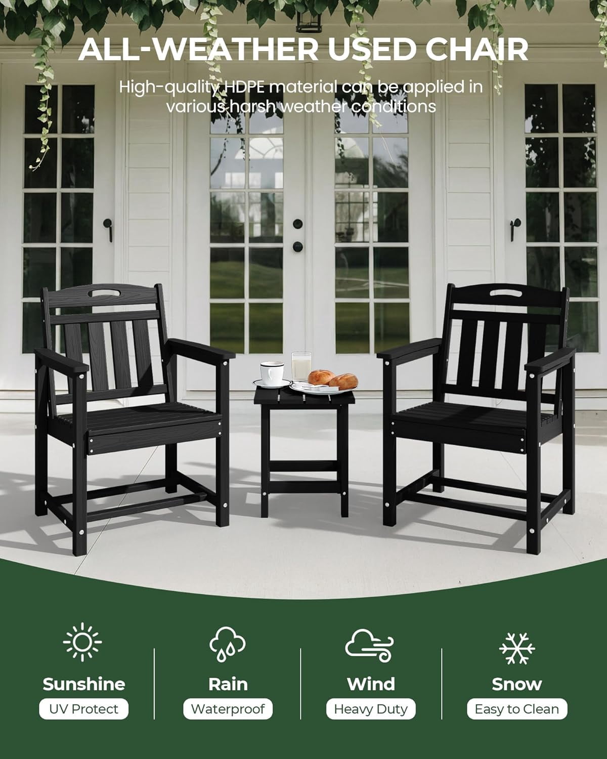 Harbweb HDPE Outdoor Dining Chair, All-Weather Wood Grain Patio Furniture, Black