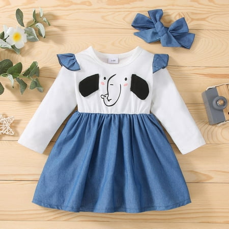 

Hunpta Toddler Girls Long Sleeve Cartoon Elephant Prints Princess Dress Headbands Outfits