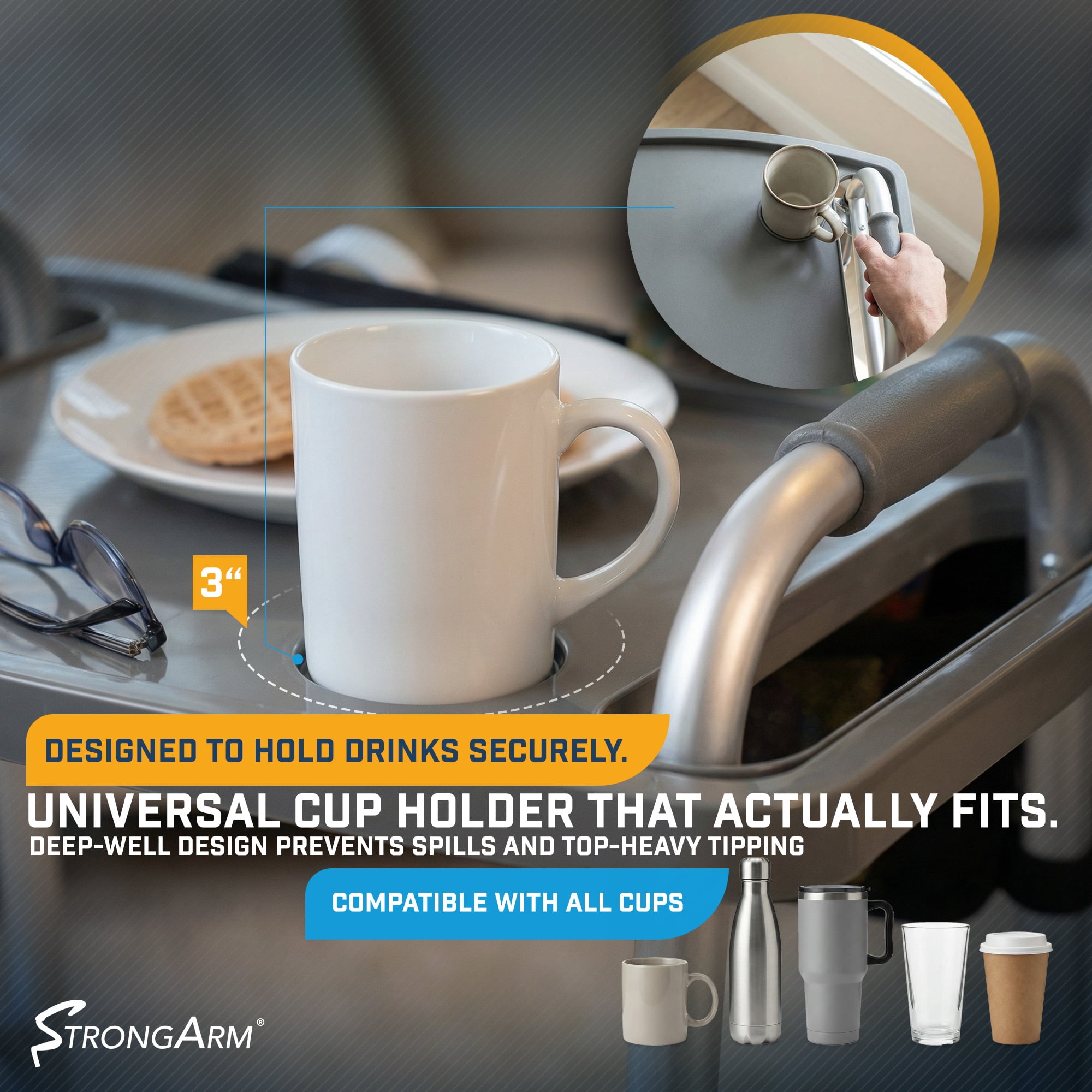 StrongArm Walker Tray with Cup Holder, Fits Most Standard Folding Walkers, Gray