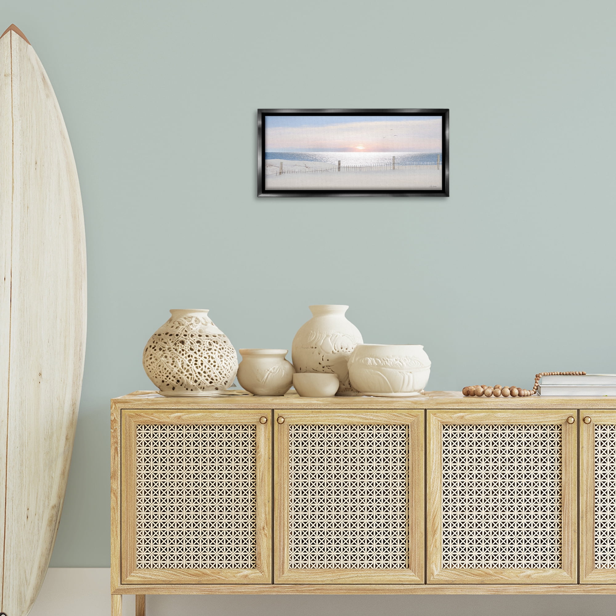 Stupell Industries Fence Along Shore Landscape Photography Black Floater Framed Canvas Art Print Wall Art, 25 x 11