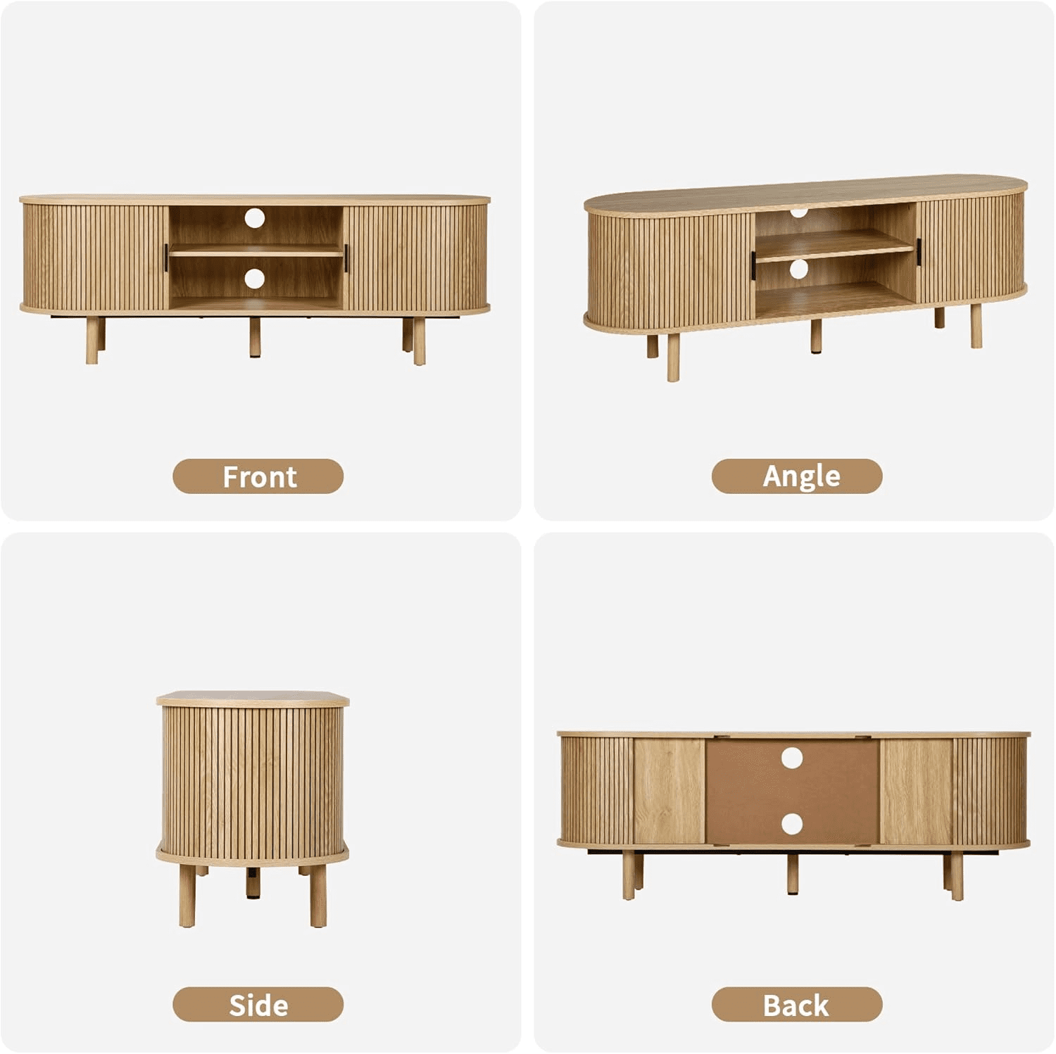 LEFHDA Tambour Door TV Stand, Mid Century Modern TV Cabinet and Entertainment Center, Modern TV Console Table for 65“ TV, Curved Edge Storage Cabinet (54" Oak)