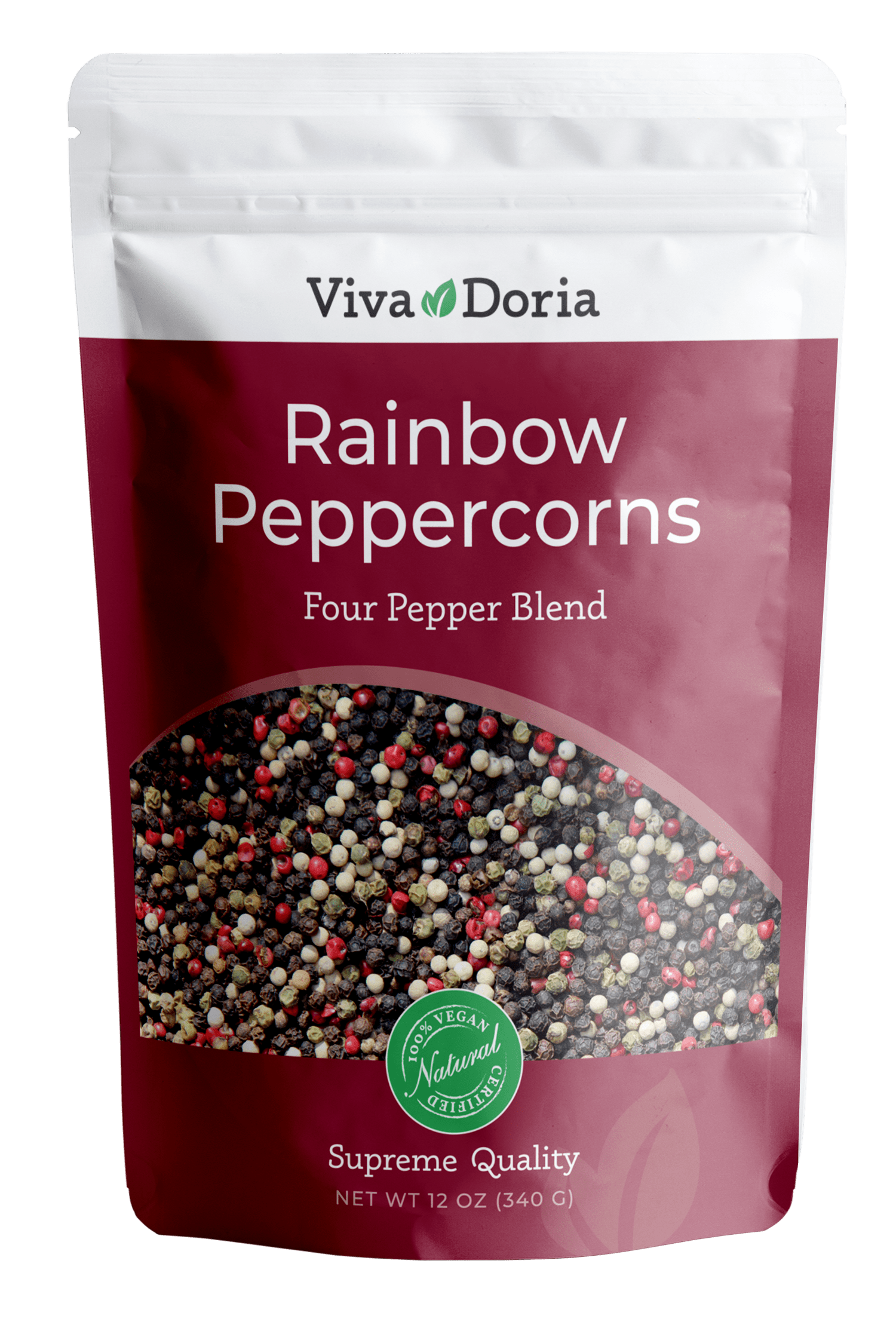 Viva Doria Rainbow Peppercorn Blend, 12 oz - Whole Black, Green, Pink and White Pepper for Grinder Refill