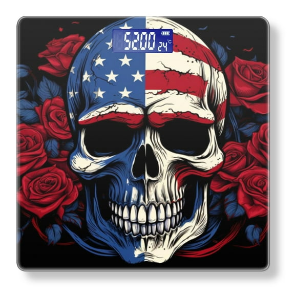 Bathroom Scale, Highly Accurate Digital Body Scale,Precisely Measures Weight up to 400 lbs-American Flag With Skull And Red Flowers