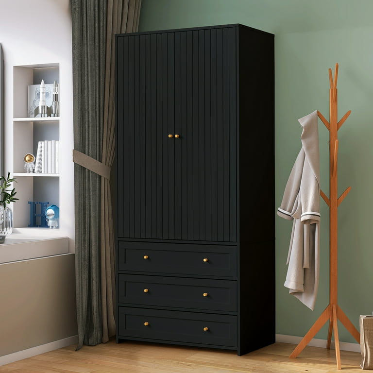 PHOYAL Black Wardrobe Armoire Closet with Shelves and 3 Drawer Freestanding Closet Wardrobe Cabinet for Hanging Clothes 31.42 18.94 70.87 Walmart