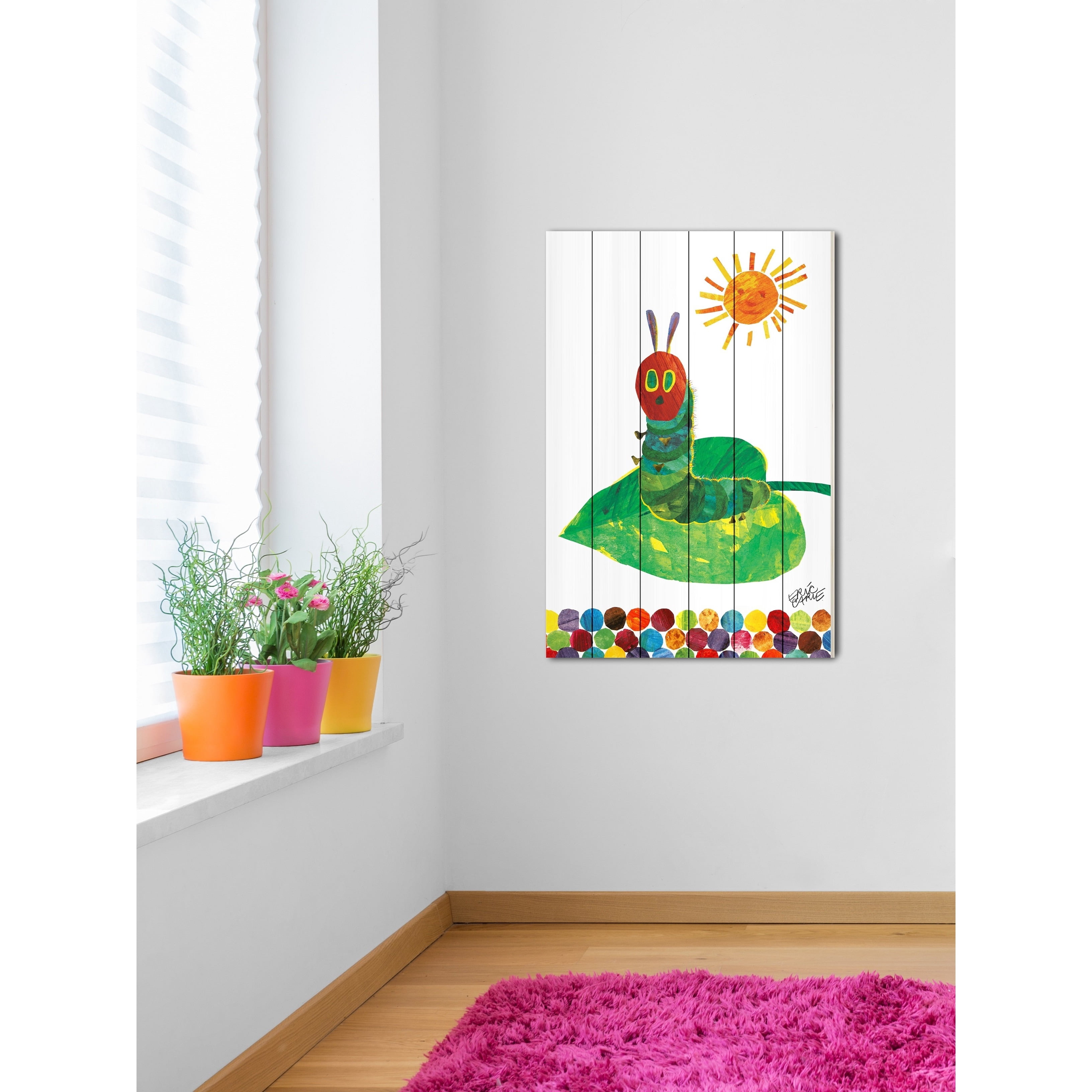 Eric Carle Sunning Caterpillar Art Print on White Pine Wood
