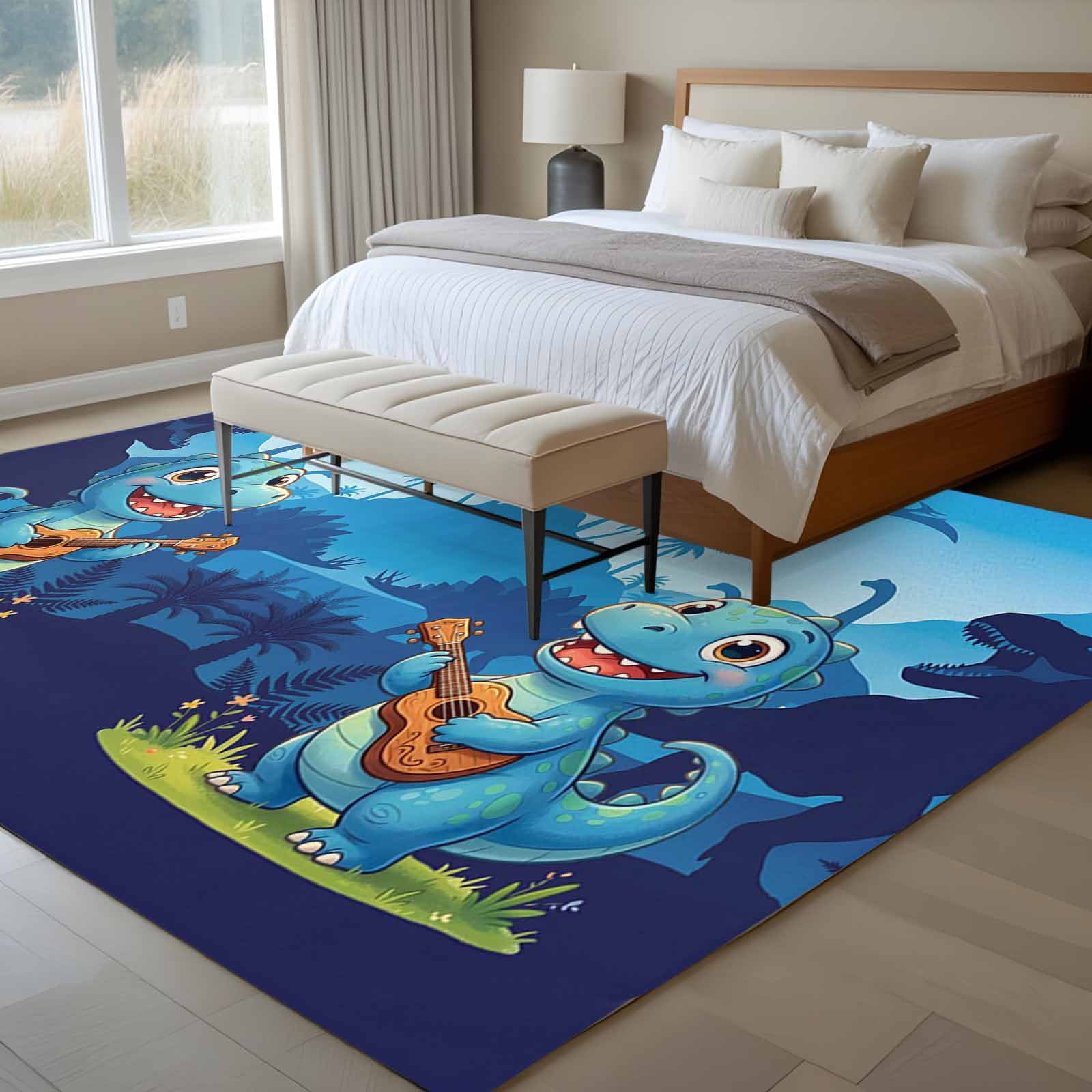 Funny Dinosaur Area Rugs 5'x8', Washable Small Throw Rugs for Classroom Bedroom, Playing Guitar Palm Tropical Blue Silhouette Indoor Outdoor Rug Non-Slip Low Pile Carpet Runner Reversible Floor Mats