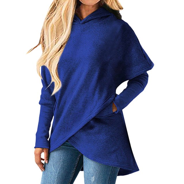 MAWCLOS Women Loose Fit High Low Pullover Fall With Pockets Hoodies Blue L