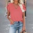 thumbnail image 5 of HOMBOM Shirts for Women Summer V Neck Watermelon Red Loose Short Sleeve Ruffled Sleeve Solid Blouse M, 5 of 8