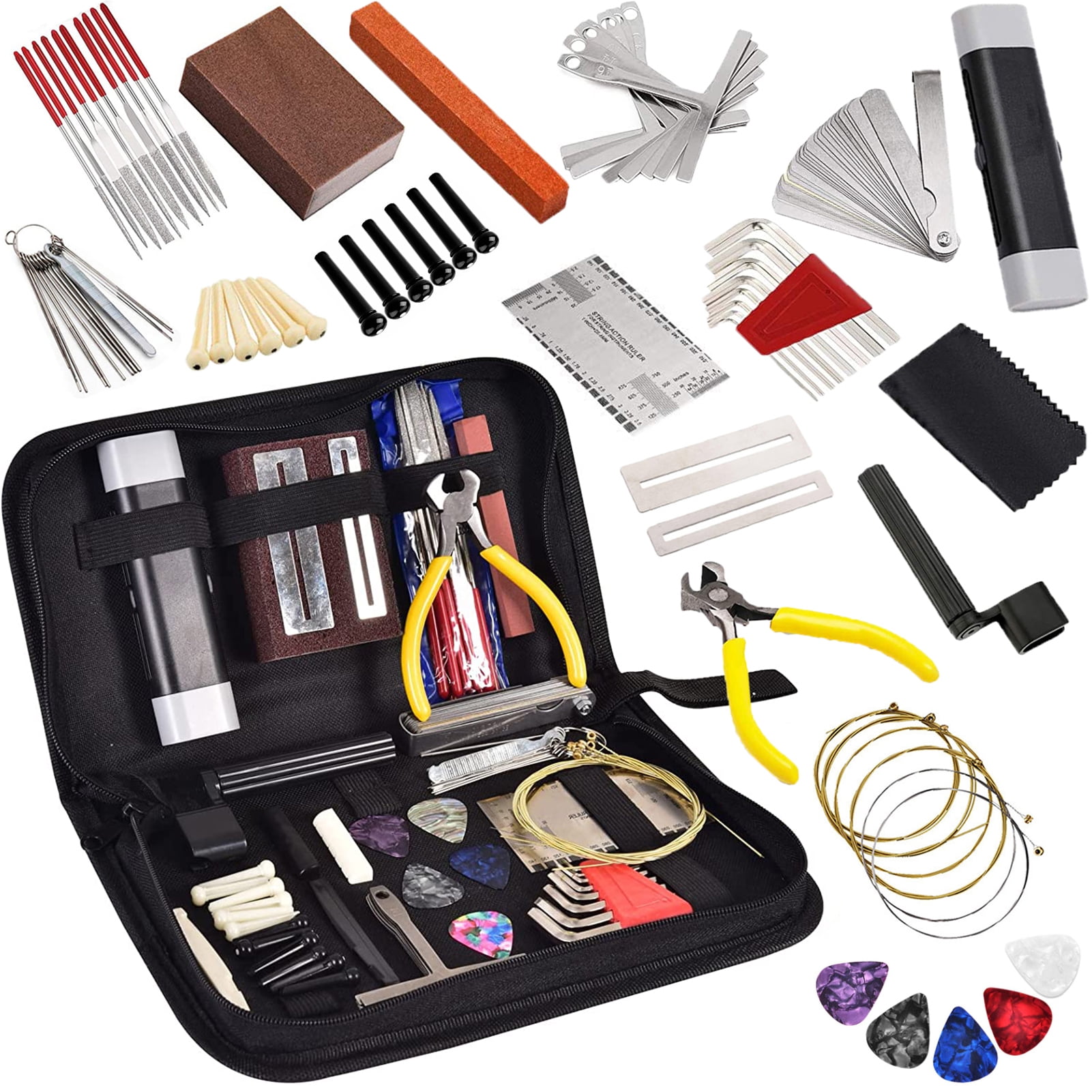 Guitar Tool Kit Luthier Music 74 PCS Guitar Tool Kit with Carry Bag, Repair Maintenance Tools String Action Ruler Guitar Bridge Pins Strings Picks for Guitar Ukulele Bass Banjo, String Instrument