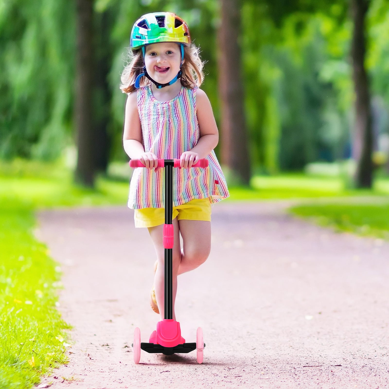Kids Kick Scooter with Adjustable Height and Light Up Wheels, Pink