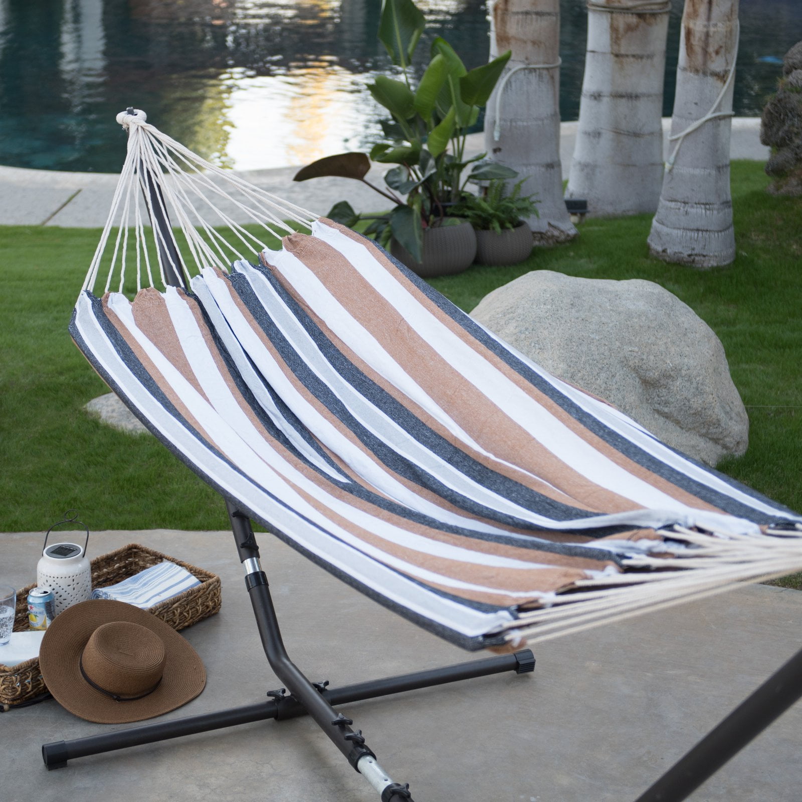 Coral Coast Brown Black Stripe 9 ft. Single Hammock with Metal Stand by