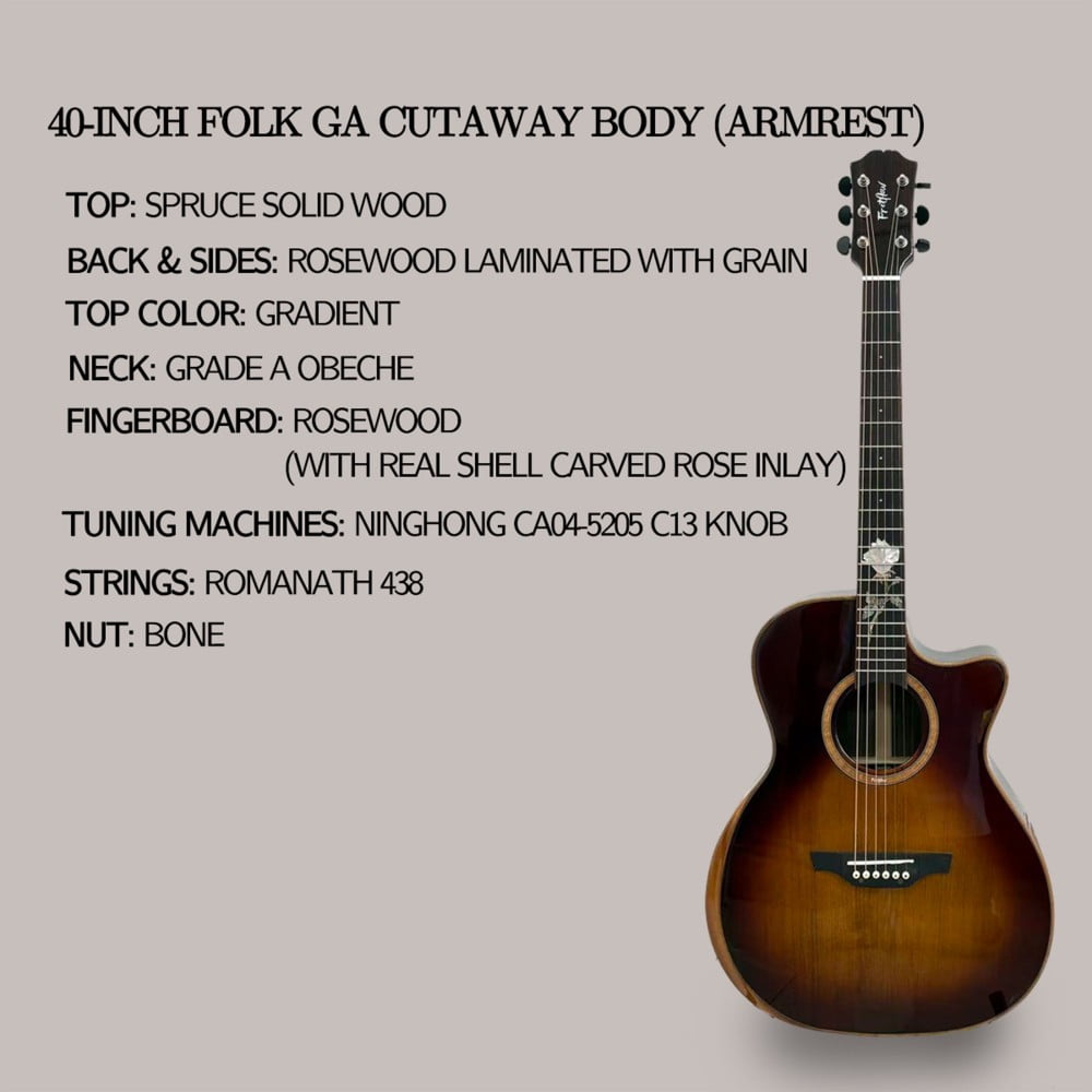 6-string Beginner Solid Spruce classic acoustic guitar, Rosewood fretboard (real shell carved rose), colored finish, right