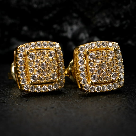 Yellow Gold 925 Sterling Silver Hip Hop 3D Cube Square Cluster Stud Earrings