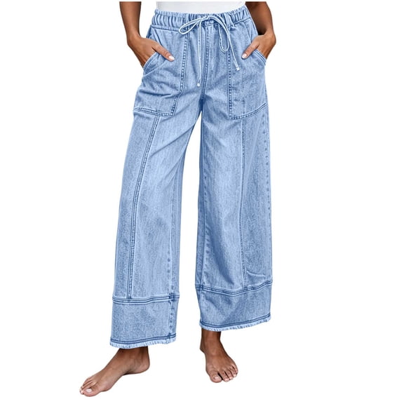 WJSROAC Womens Wide Leg Cropped Jeans Elastic Waisted Denim Pants Frayed Hem Vintage Drawstring Capri Pants With Large Pockets Y2K Outfits