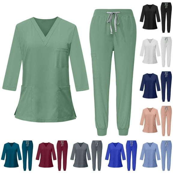 Uniform Scrubs for Women Set – Natural Stretch Ultra Soft V-Neck 3/4 Sleeve Top & Drawstring Cargo Jogger Pants with Multi Pockets, #03 Mint Green, S