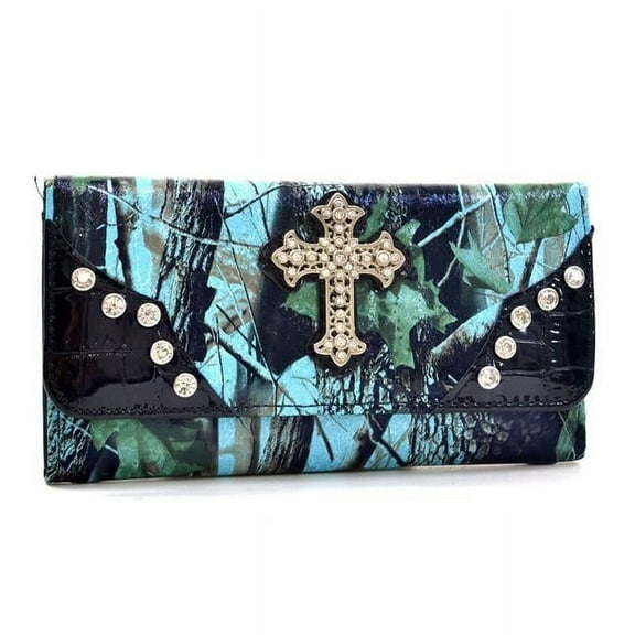 W105-BLU-CAM 7.5 x 4.5 in. Western Camouflage Rhinestone Cross Wallet, Blue & Cam