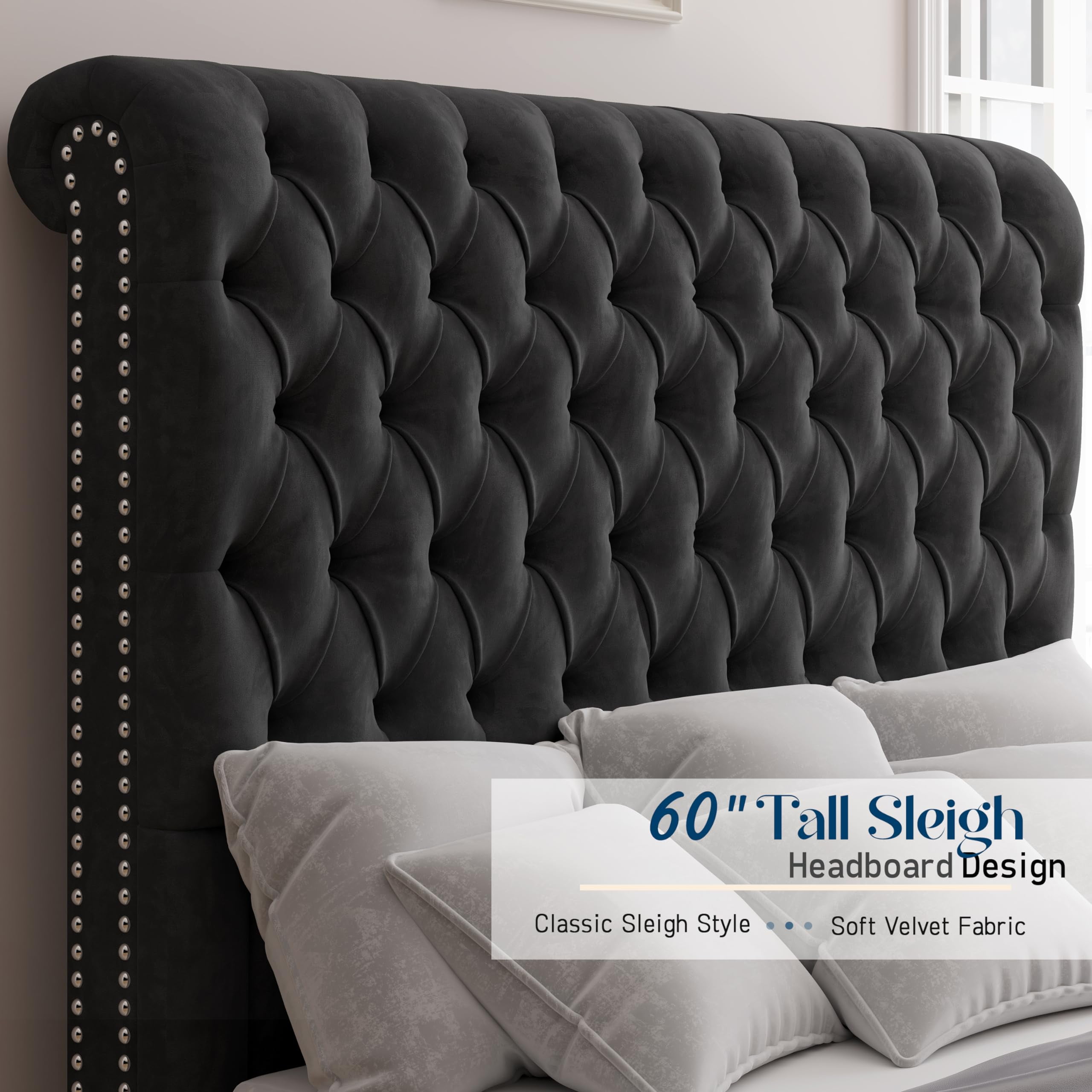 Merluxy King Bed Frame for Adult,60" Sleigh Headbord with Deep Button Tufting,Velvet Black