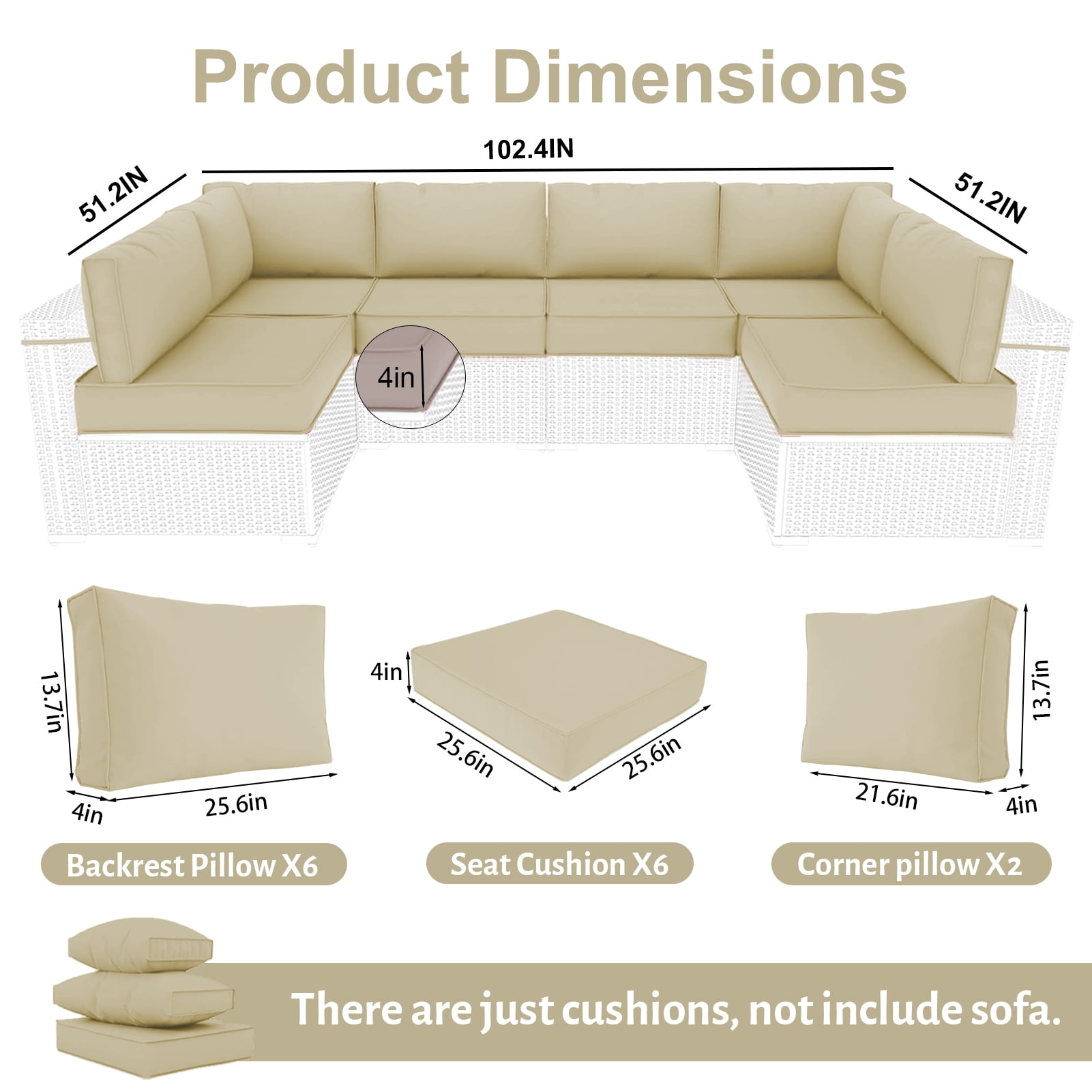 XXLYY Outdoor Replacement Cushions for Patio Furniture, 14 Piece Patio Sectional Cushions, 4" Water-Resistant Replacement Sofa Cushions Fits 6-seat Rattan Conversation Set